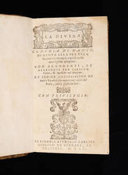 La Diuina Comedia di Dante, di nuouo alla sua vera lettione ridotta con lo aiuto di molti antichissimi esemplari. Con argomenti, et allegorie per ciascun canto, & apostille nel margine. Et indice copiosissimo di tutti i vocaboli piu importanti vsati dal p